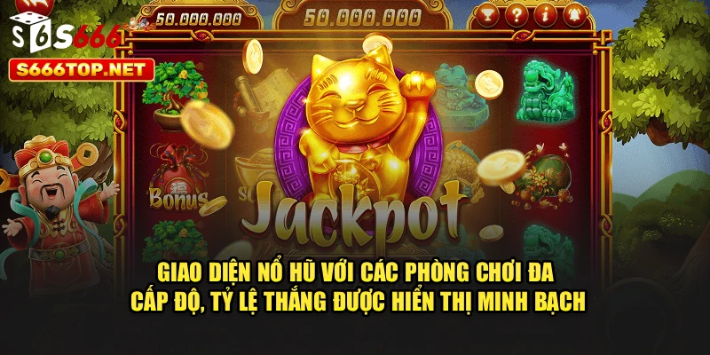 Giao diện nổ hũ với các phòng chơi đa cấp độ, tỷ lệ thắng được hiển thị minh bạch